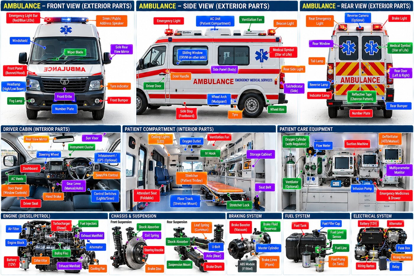 Labelled parts of an ambulance — exterior, driver cabin, patient compartment, patient-care equipment, engine, chassis, braking, fuel and electrical