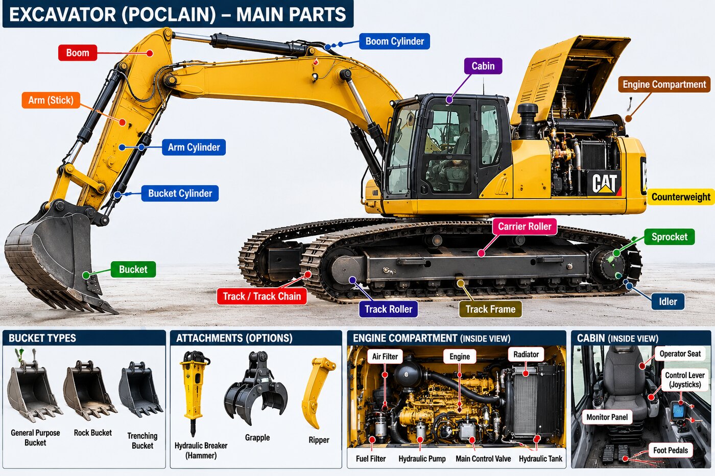 Labelled main parts of a tracked excavator (Poclain) — boom, arm, bucket, cylinders, cabin, undercarriage, engine compartment