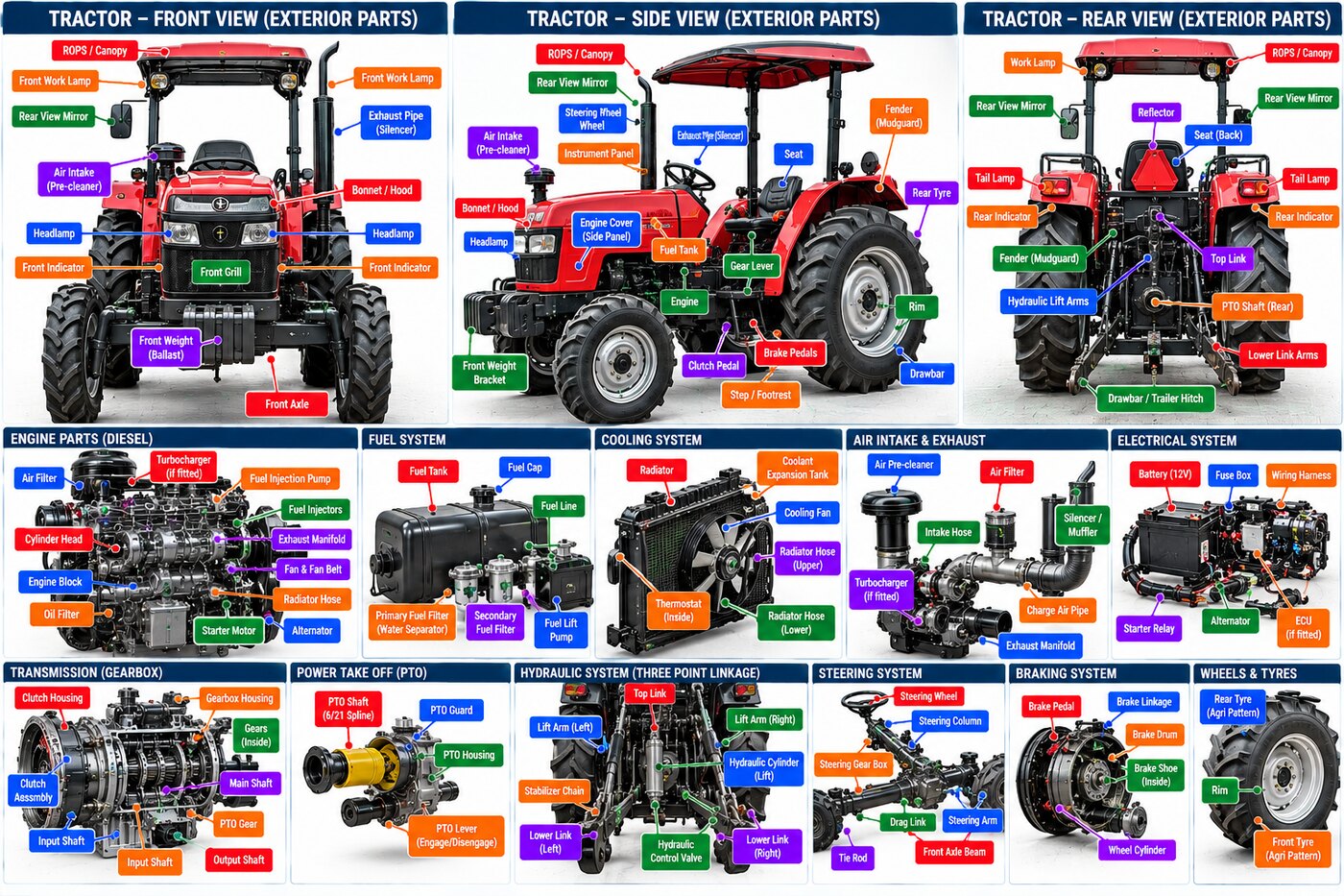 Labelled parts of a tractor — bonnet, engine, fuel, cooling, transmission, PTO, hydraulic three-point linkage, steering and brakes