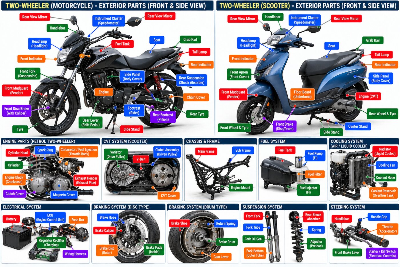 Labelled parts of a motorcycle and scooter — headlamp, fuel tank, frame, engine, forks, brakes, CVT and electrical