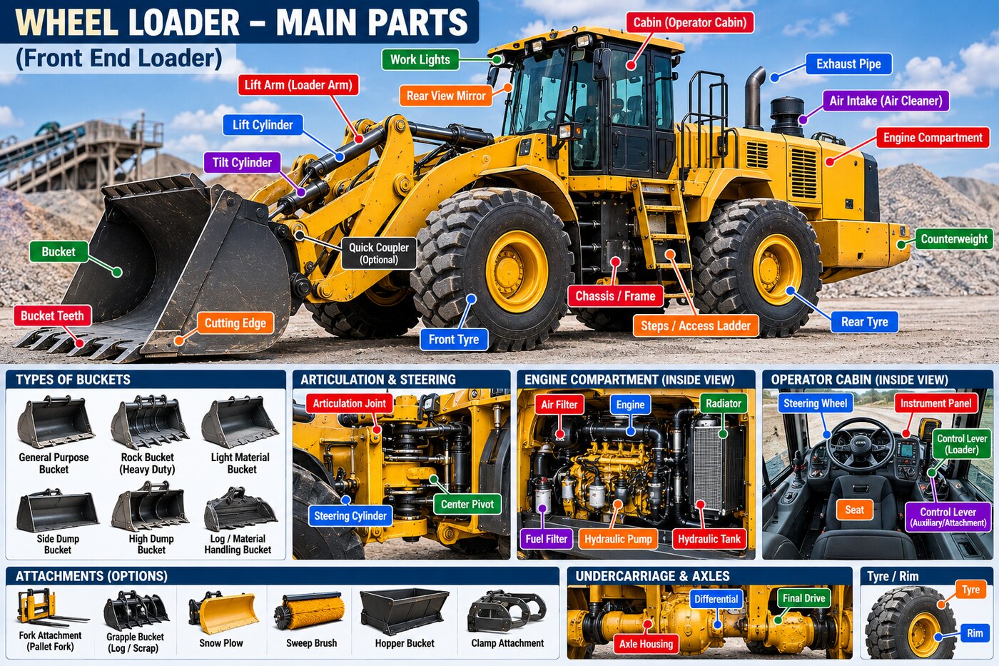 Labelled main parts of a wheel loader — lift arm, bucket, cylinders, articulation joint, axles, engine compartment