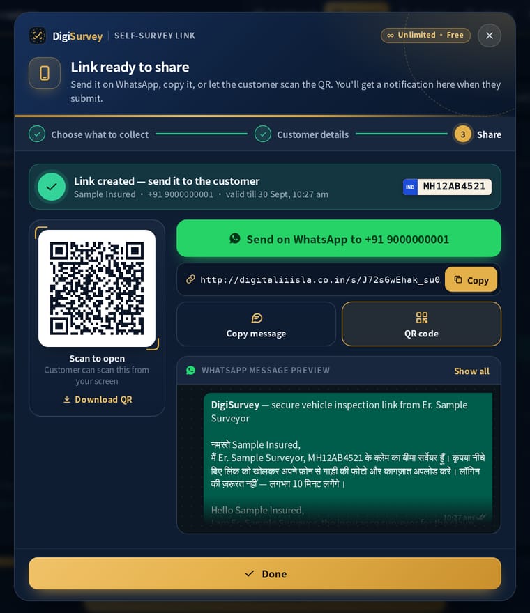Self-survey link ready to share: customer name and number, link validity, QR code to scan, Send on WhatsApp button, copy link and a WhatsApp message preview in Hindi and English (sample data)