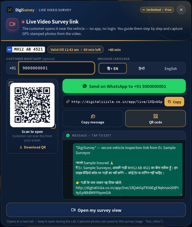 Live Video Survey link sheet: vehicle number, link valid for 60 minutes, customer WhatsApp number, message language, QR code to scan, Send on WhatsApp button, copy link and an editable Hindi message (sample data)