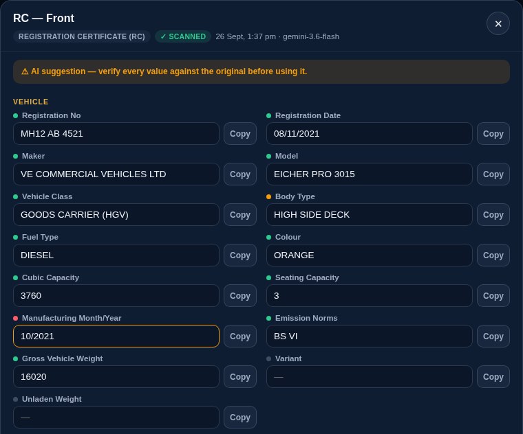 Scanned RC front shown as an editable form: registration no., registration date, maker, model, vehicle class, body type, fuel, colour, cubic capacity and more, each with a Copy button (sample data)