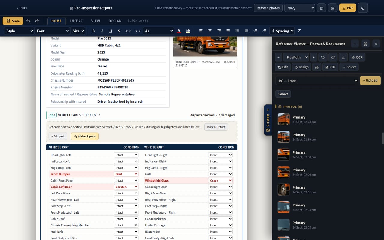 Vehicle details of a goods carrier and the parts checklist in the PI report with front bumper dent, cabin left door scratch and windshield crack highlighted, 40 parts checked and 3 damaged (sample data)