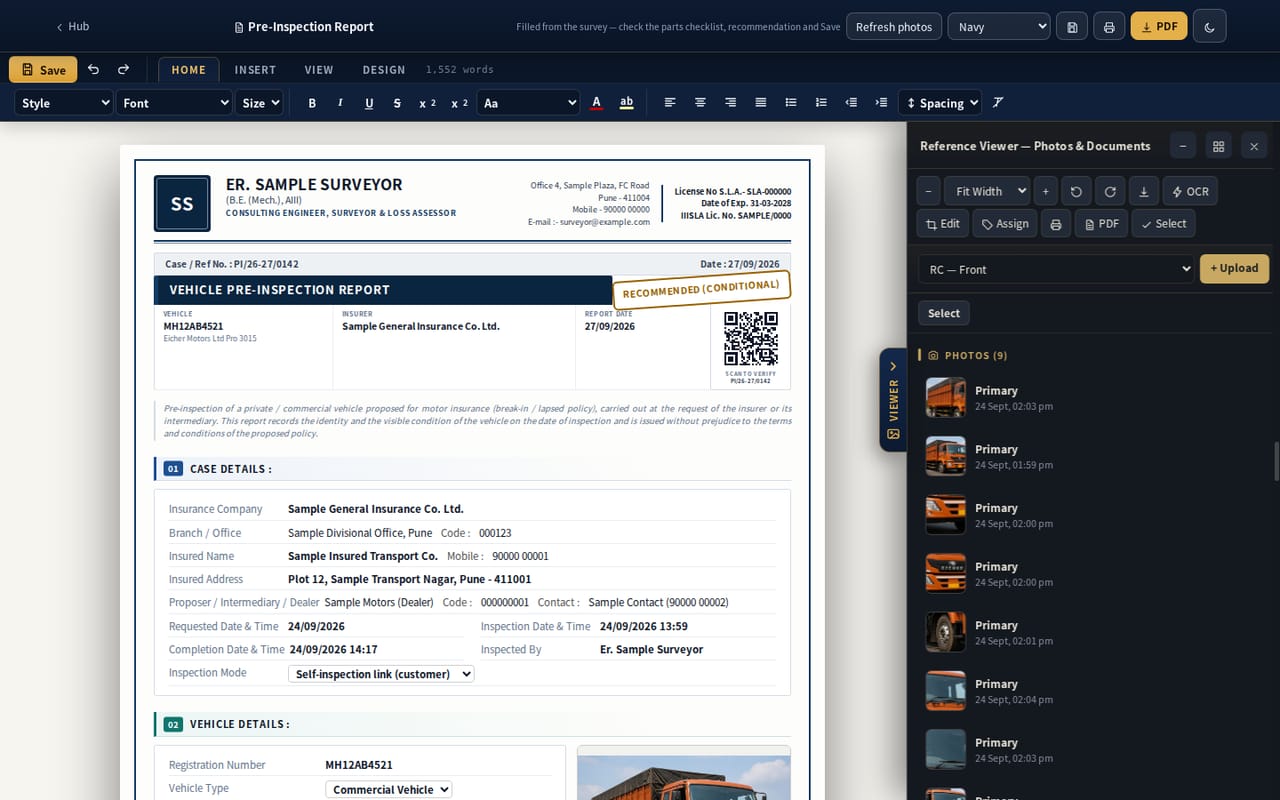 Pre-inspection report in DigiSurvey on the surveyor letterhead: Recommended (conditional) stamp, QR verify box, vehicle and insurer strip, and case details with proposer, inspection times and self-inspection mode, with the photos viewer beside it (sample data)