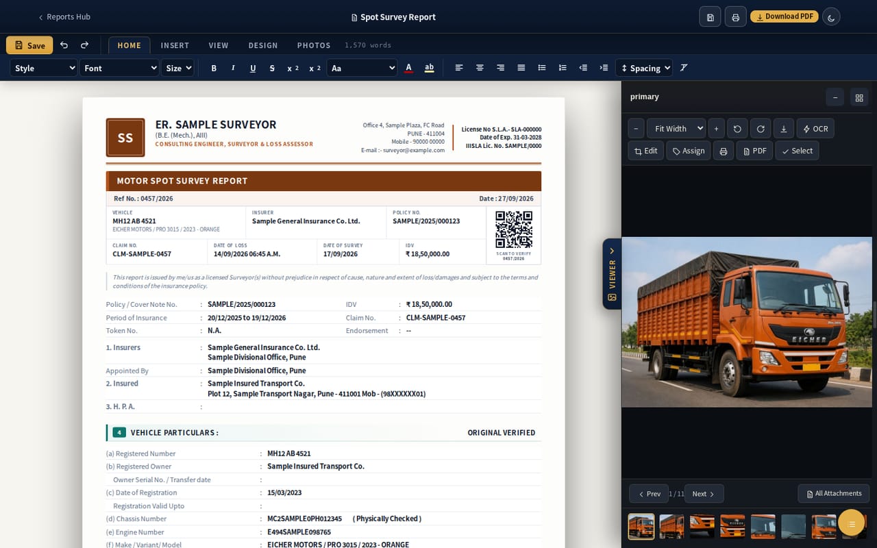 Motor spot survey report open in the DigiSurvey editor: surveyor letterhead, QR verify strip, insurance and vehicle particulars, and a truck photo in the reference viewer (sample data)