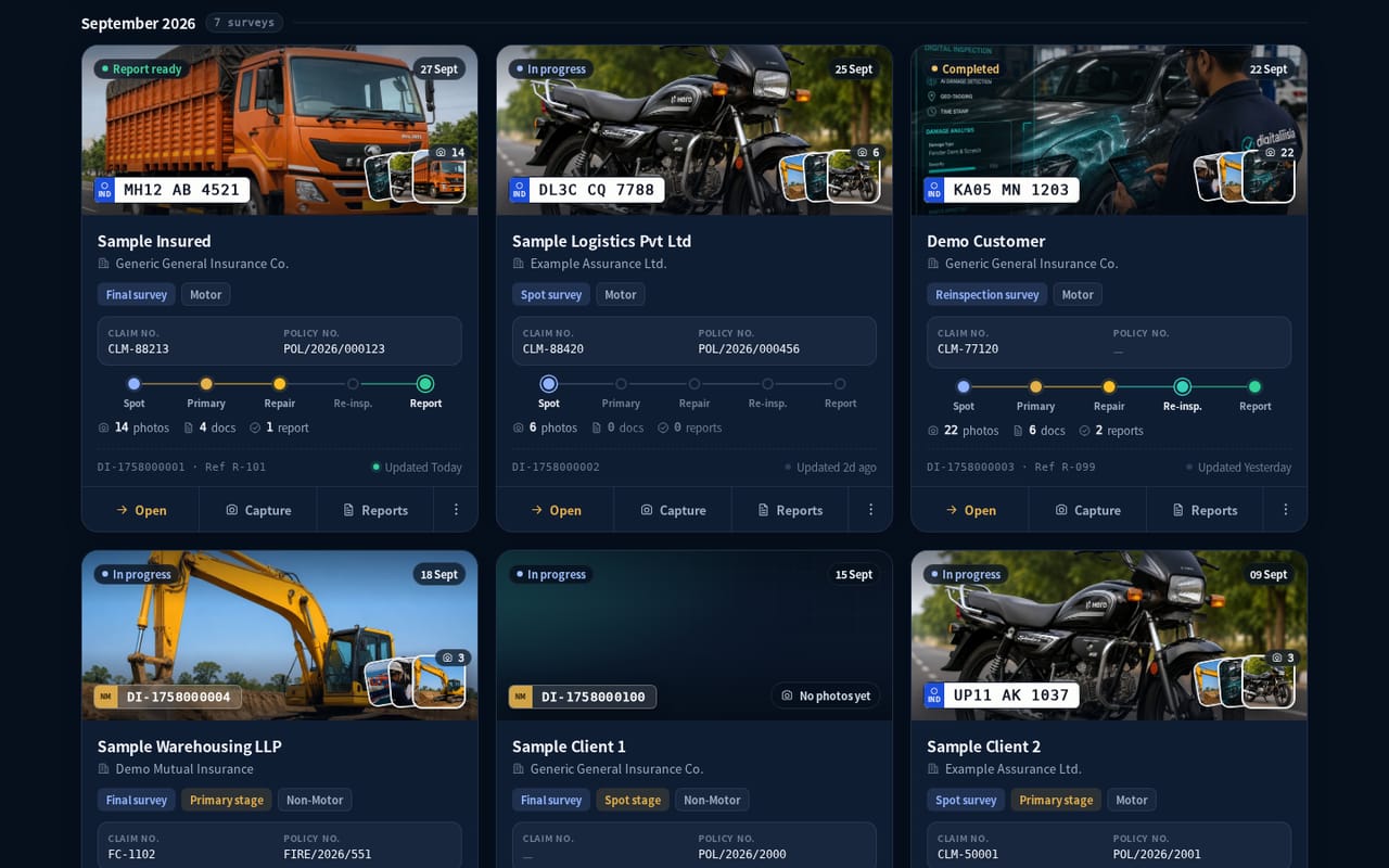 Survey Hub grouping surveys by month, with vehicle photos, claim and policy numbers and stage progress for each survey (sample data)