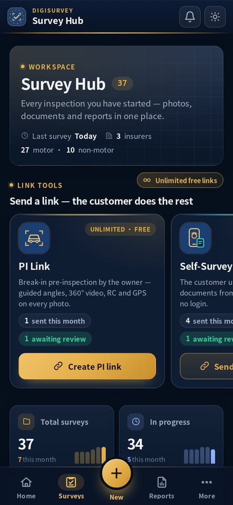 Survey Hub on a phone with Link tools, survey counts and the bottom tab bar (sample data)