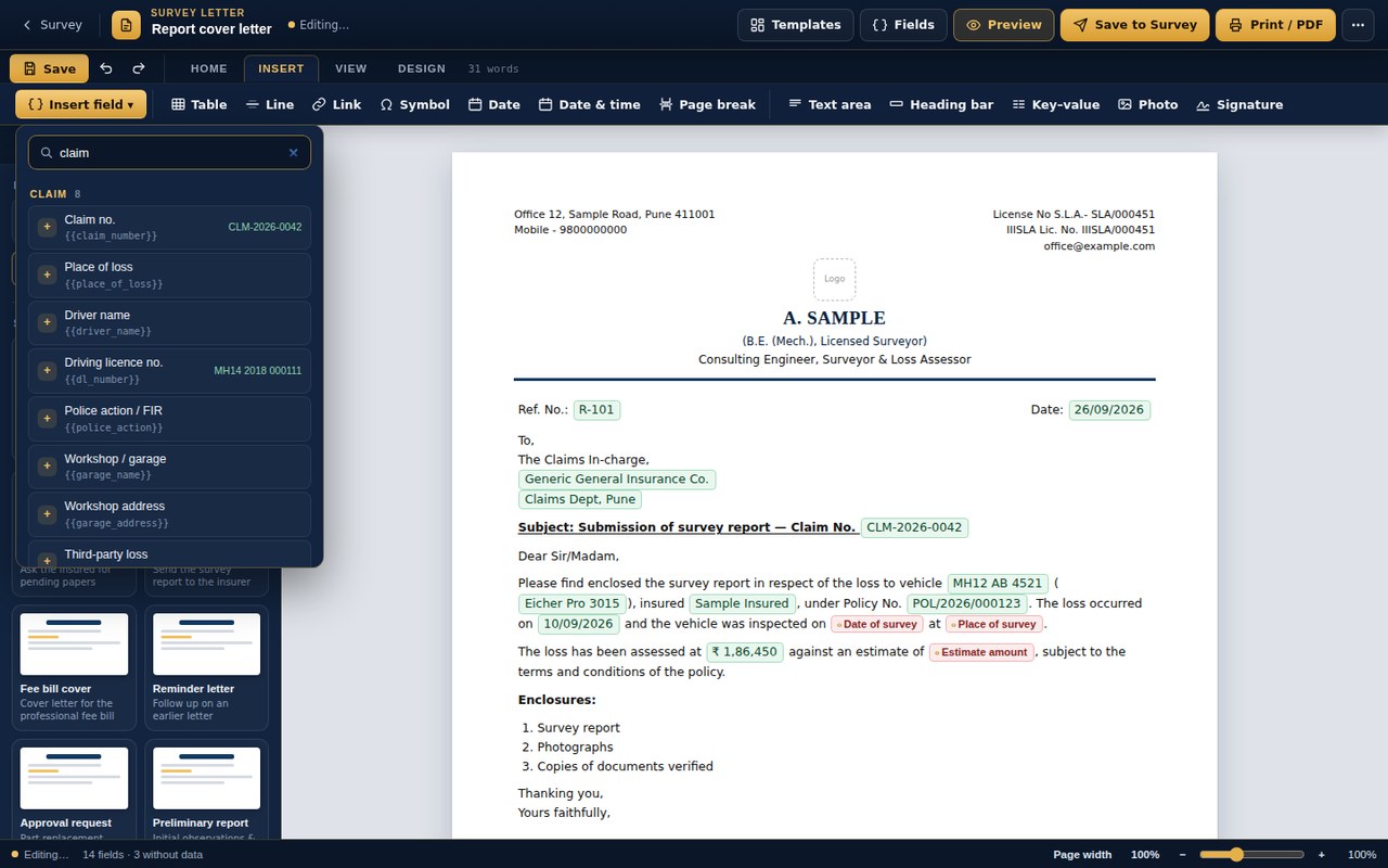 Template builder with a report cover letter: merge fields filled from the survey in green, missing ones flagged in red, and the Insert field picker searching claim fields (sample data)